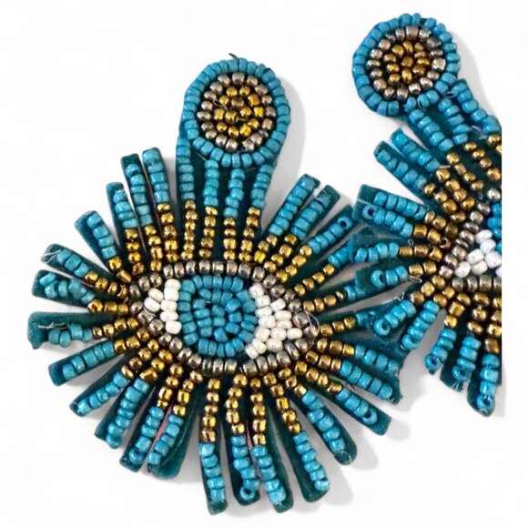 Beaded Blue and White Eye Earrings - Picture 3 of 4